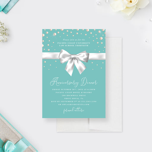 teal business anniversary dinner invitation with pearl accents, white bow design, and formal corporate event details-front