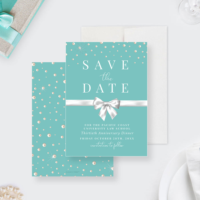 business anniversary dinner save the date card with teal background, pearl accents, white bow design, and event wording-front-back