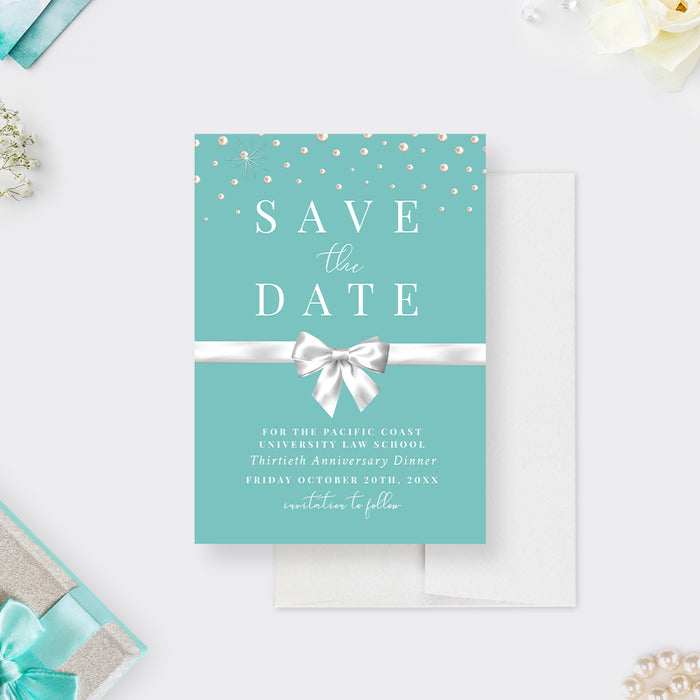 business anniversary dinner save the date card with teal background, pearl accents, white bow design, and event wording-front