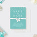 business anniversary dinner save the date card with teal background, pearl accents, white bow design, and event wording-front