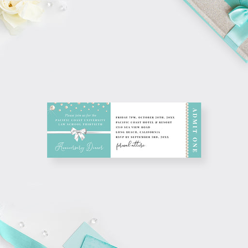 business anniversary dinner ticket invitation with teal background, pearl accents, white bow design, and admit one panel