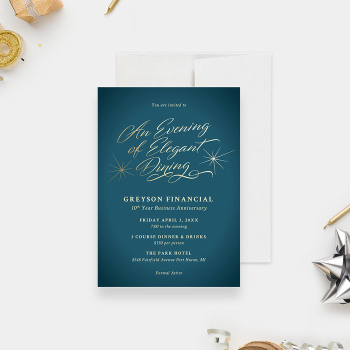 elegant teal blue corporate anniversary invitation with gold script typography modern business event design-front