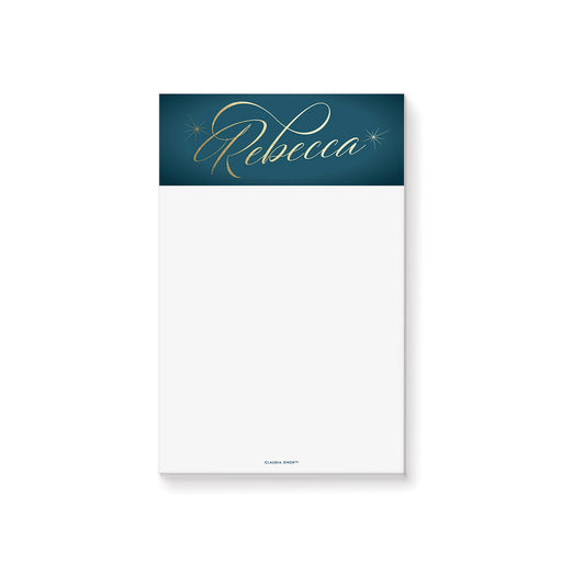 elegant teal personalized notepad with gold script name design and white writing space for stylish stationery