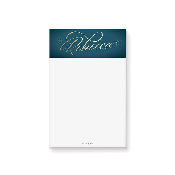 elegant teal personalized notepad with gold script name design and white writing space for stylish stationery