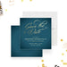 elegant teal blue save the date card with gold script typography and starburst accents for formal corporate anniversary events-front-back