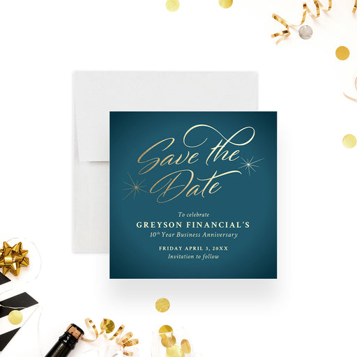 elegant teal blue save the date card with gold script typography and starburst accents for formal corporate anniversary events-front