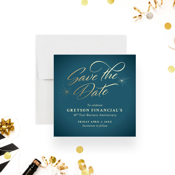 elegant teal blue save the date card with gold script typography and starburst accents for formal corporate anniversary events-front