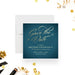 elegant teal blue save the date card with gold script typography and starburst accents for formal corporate anniversary events-front