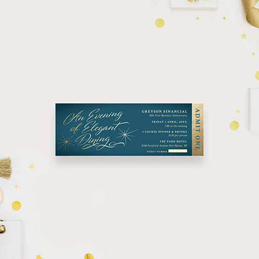 elegant teal blue corporate ticket invitation with gold script typography for business anniversary gala dinner event