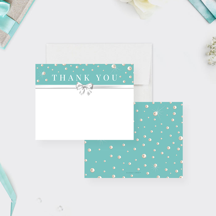teal thank you card with pearl accents, white bow design, and blank space for business appreciation notes-front-back