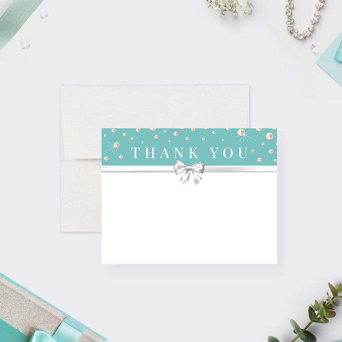 teal thank you card with pearl accents, white bow design, and blank space for business appreciation notes-front