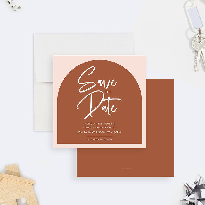 housewarming save the date card with terracotta arch design, blush border, white lettering, and custom new home party details-front-back
