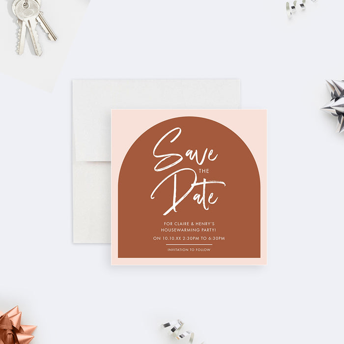 housewarming save the date card with terracotta arch design, blush border, white lettering, and custom new home party details-front