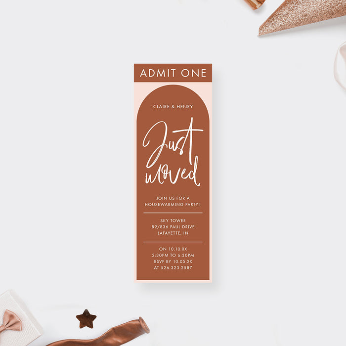 housewarming ticket invitation with terracotta arch design, blush background, Just Moved lettering, and custom new home party details