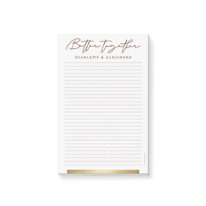personalized Better Together notepad with custom couple names, elegant rust typography, lined pages, and a gold accent