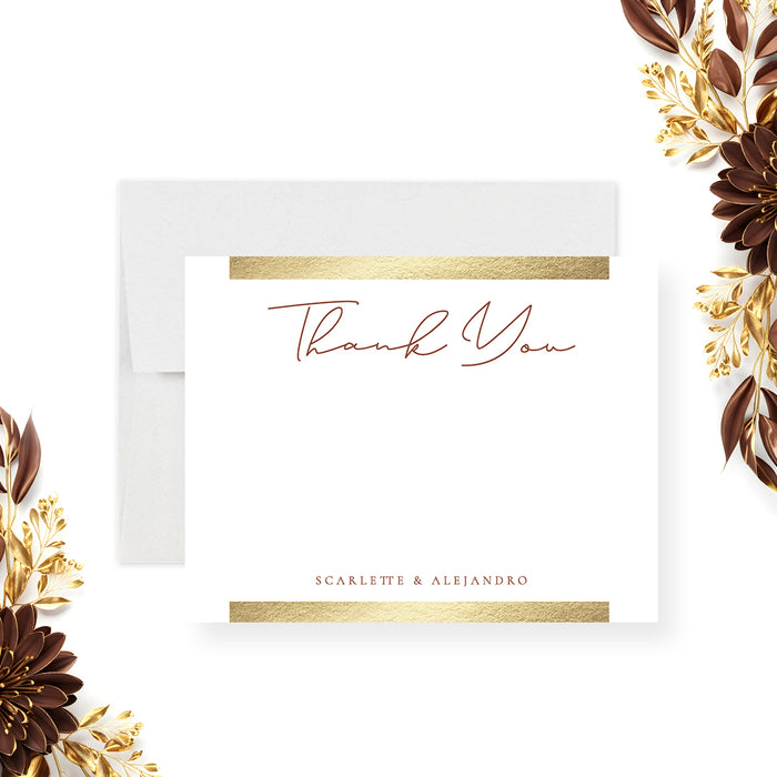 personalized wedding thank you card with elegant thank you lettering, custom couple names, white background, and warm terracotta details-front