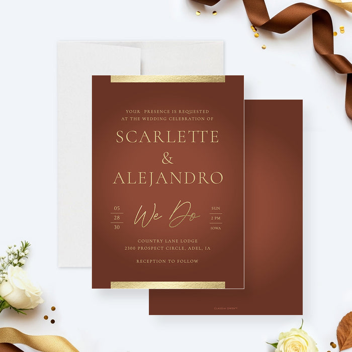 terracotta wedding invitation with elegant lettering, warm accent details, classic layout, and formal fall wedding style-front-back