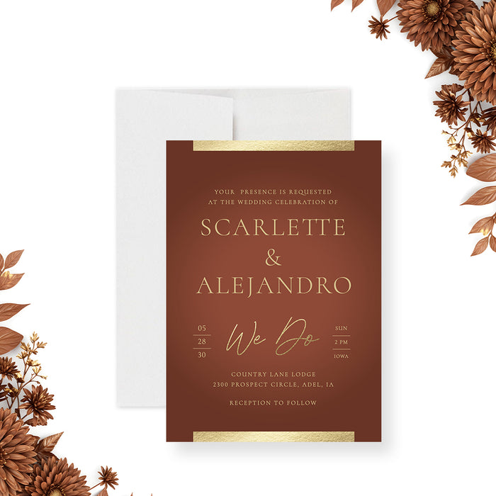 terracotta wedding invitation with elegant lettering, warm accent details, classic layout, and formal fall wedding style-front