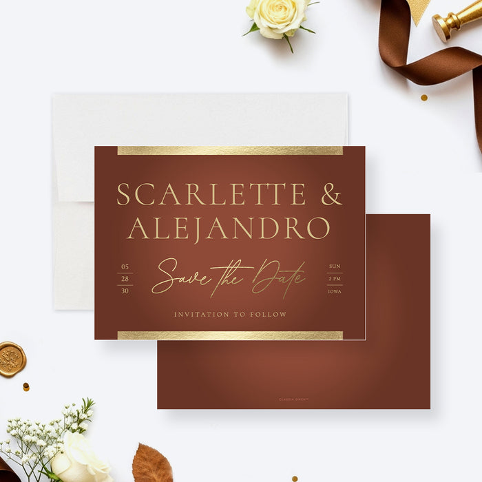 terracotta wedding save the date card with elegant lettering, warm accent details, and classic fall wedding style-front-back