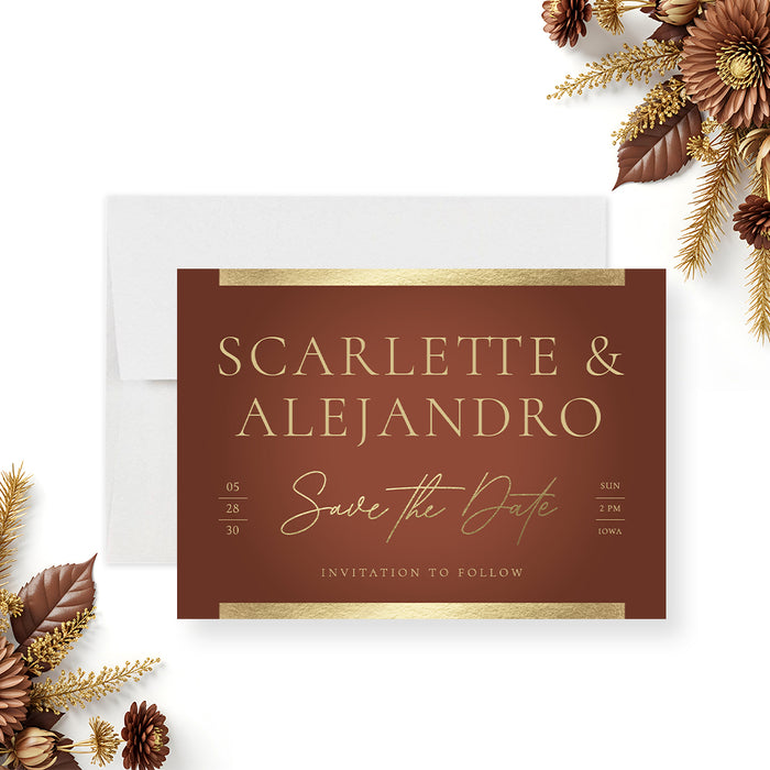 terracotta wedding save the date card with elegant lettering, warm accent details, and classic fall wedding style-front