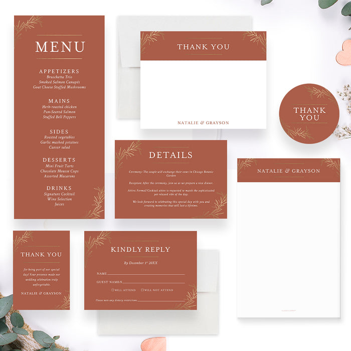 Terracotta Wedding Invitation Rustic Boho Gold Foliage