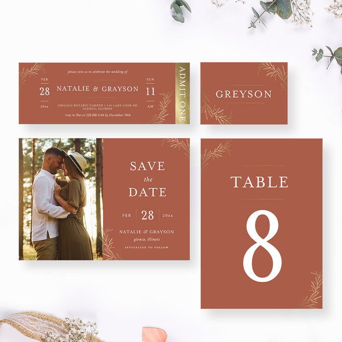Terracotta Wedding Invitation Rustic Boho Gold Foliage