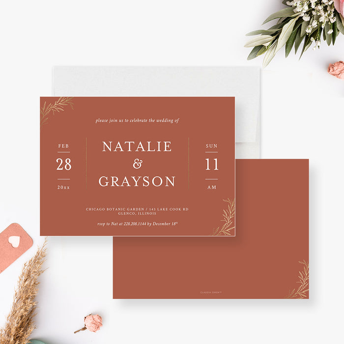 Terracotta wedding invitation with elegant gold botanical foliage and warm rustic design-front-back