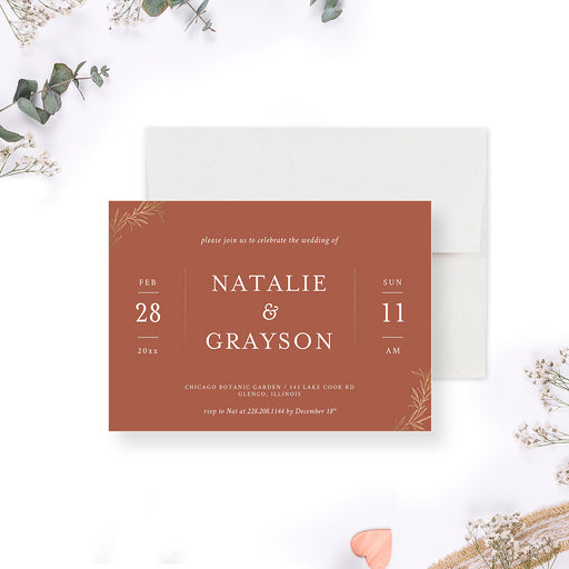 Terracotta wedding invitation with elegant gold botanical foliage and warm rustic design-front