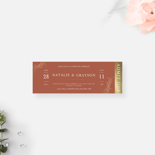 Terracotta wedding ticket invitation with gold botanical foliage and elegant typography