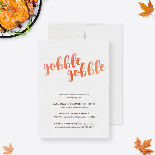Thanksgiving dinner invitation template featuring autumn leaves, pumpkins, and “gobble gobble” text in warm fall colors