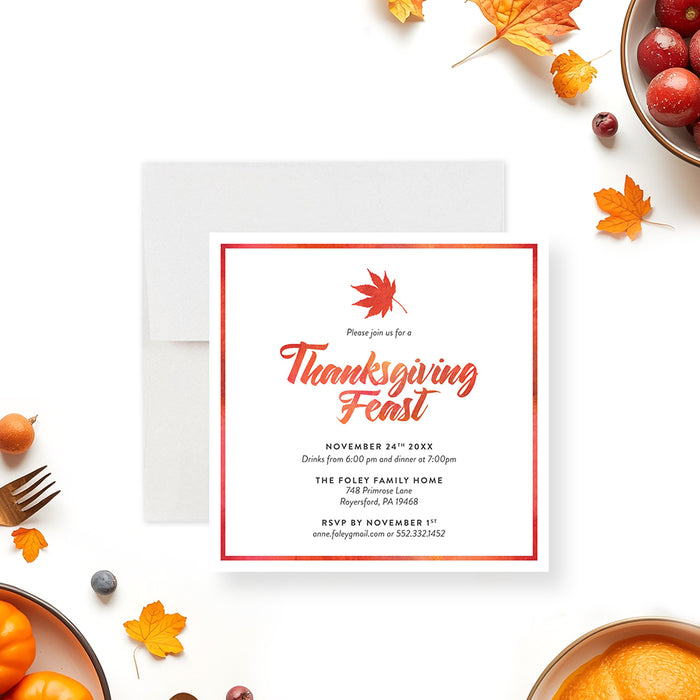 fall thanksgiving invitation with colorful autumn leaves dinner party invite-front