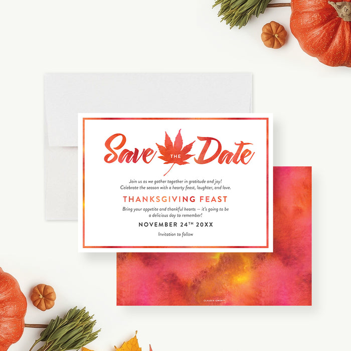 thanksgiving save the date card with watercolor maple leaf design and warm autumn colors for fall gatherings-front-back