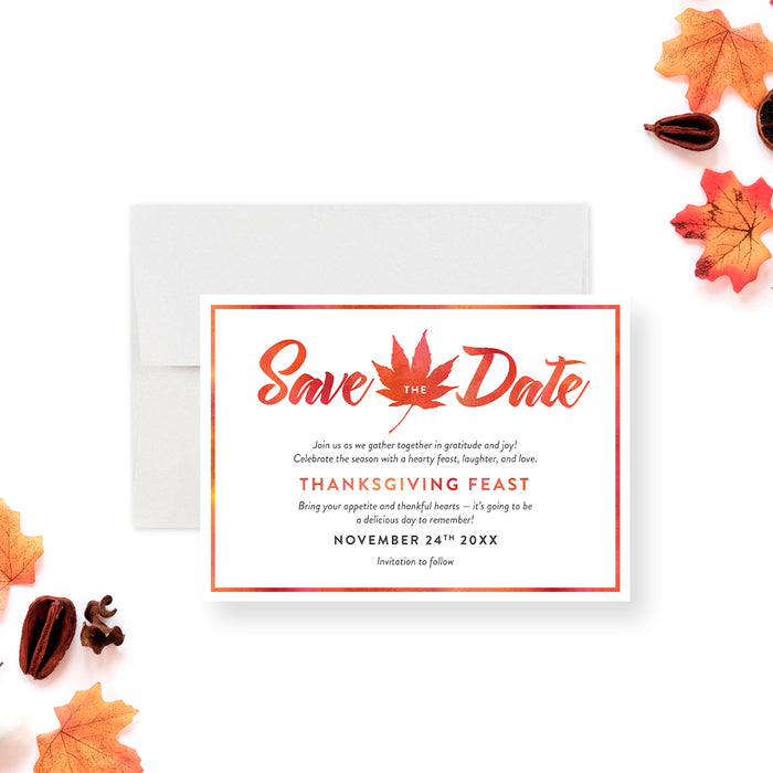 thanksgiving save the date card with watercolor maple leaf design and warm autumn colors for fall gatherings-front