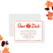 thanksgiving save the date card with watercolor maple leaf design and warm autumn colors for fall gatherings-front