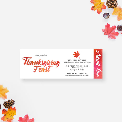 thanksgiving ticket invitation with autumn maple leaves design fall dinner admit one invitation