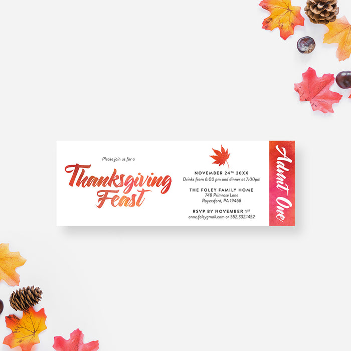 thanksgiving ticket invitation with autumn maple leaves design fall dinner admit one invitation