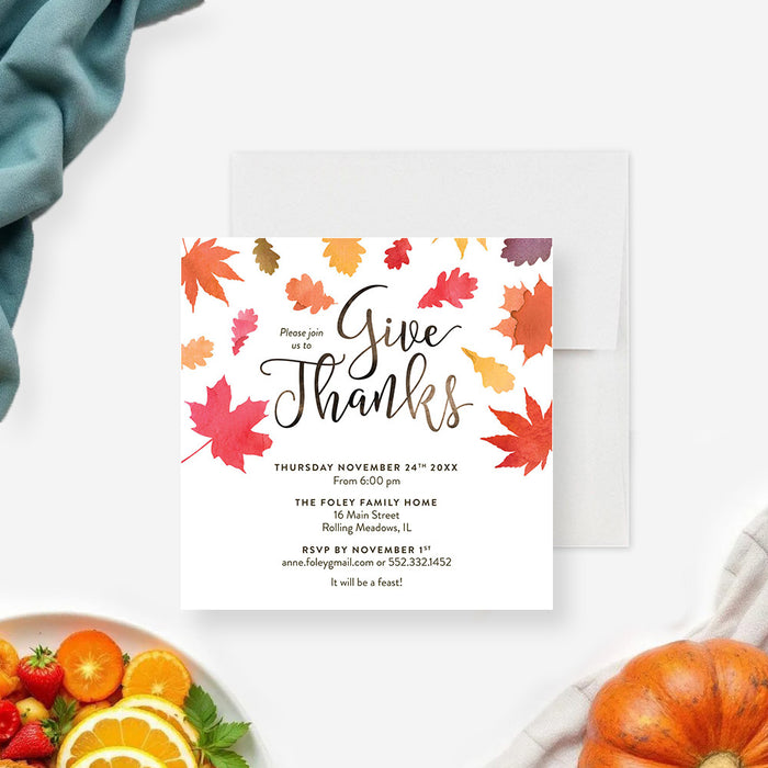 fall thanksgiving invitation with colorful autumn leaves dinner party invite-front