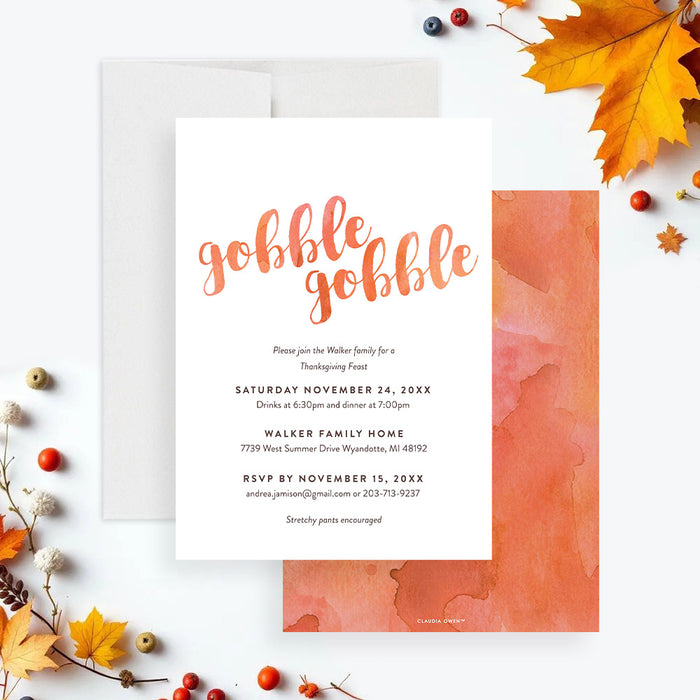 Thanksgiving invitation with a “Gobble Gobble” design in warm orange tones, ideal for family feasts and autumn celebrations.-front-back