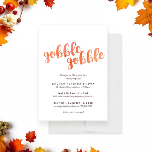 Thanksgiving invitation with a “Gobble Gobble” design in warm orange tones, ideal for family feasts and autumn celebrations.-front
