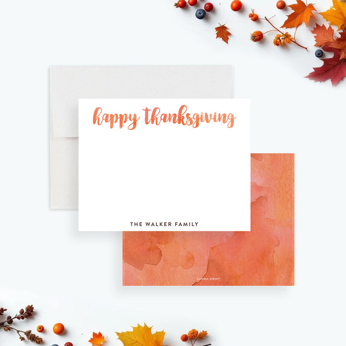 Thanksgiving note card with “Happy Thanksgiving” in warm autumn tones, personalized fall greetings stationery.-front-back