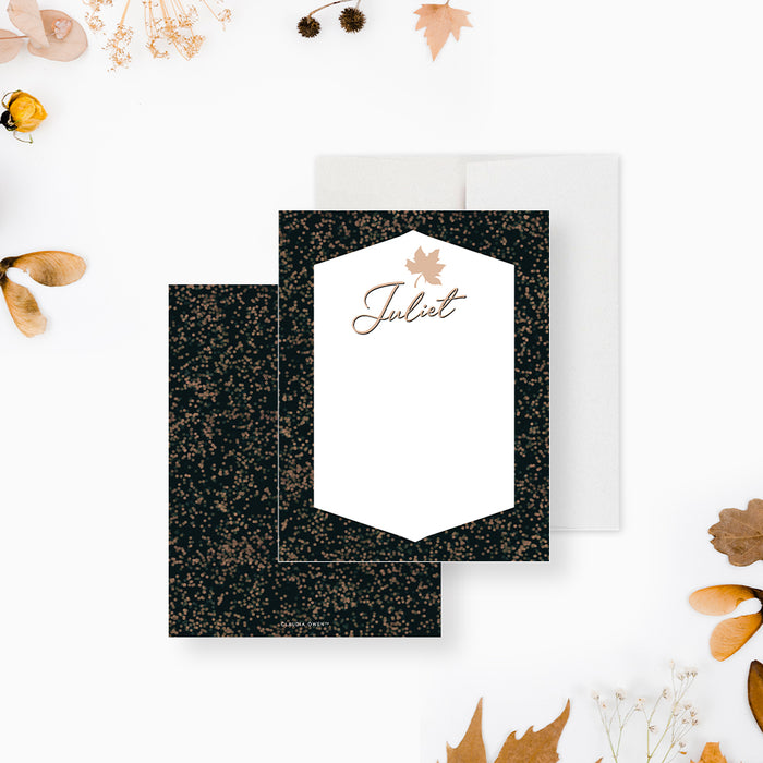 Fall-themed personalized Thanksgiving note card featuring a maple leaf design, ideal for thank you notes and seasonal stationery.-front-back
