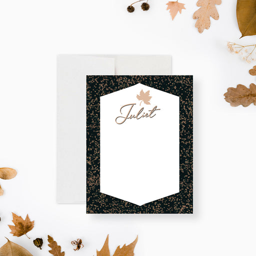 Fall-themed personalized Thanksgiving note card featuring a maple leaf design, ideal for thank you notes and seasonal stationery.-front