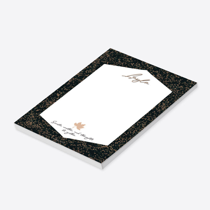 Personalized fall notepad featuring a maple leaf design, subtle autumn colors, and the phrase “Sweater weather and thoughts to gather.”-side