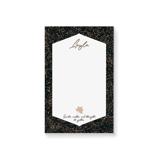 Personalized fall notepad featuring a maple leaf design, subtle autumn colors, and the phrase “Sweater weather and thoughts to gather.”