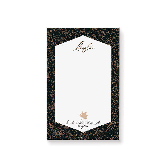 Personalized fall notepad featuring a maple leaf design, subtle autumn colors, and the phrase “Sweater weather and thoughts to gather.”