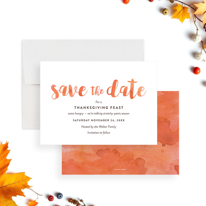 Thanksgiving Save the Date card with fall leaves and orange lettering, perfect for autumn dinner parties-front-back