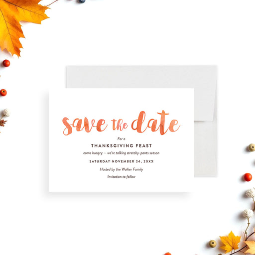 Thanksgiving Save the Date card with fall leaves and orange lettering, perfect for autumn dinner parties-front