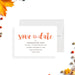 Thanksgiving Save the Date card with fall leaves and orange lettering, perfect for autumn dinner parties-front