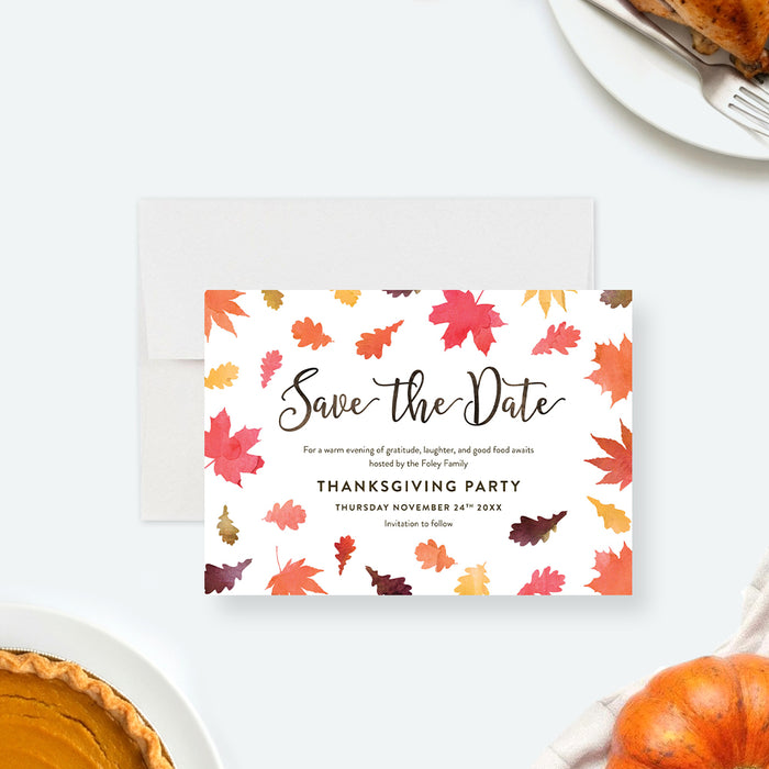 thanksgiving save the date card with autumn leaves and fall party details-front