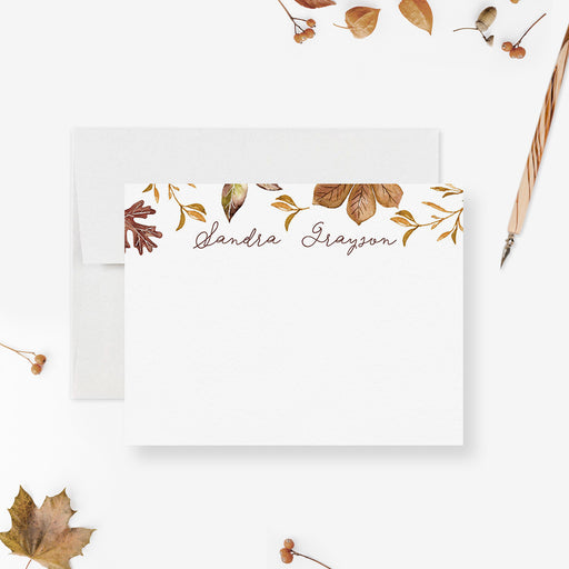 Personalized fall note card with watercolor leaves and custom name